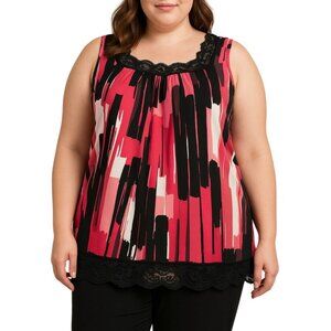 New Directions Womens Pink & Black Abstract Sleeveless Lace Trim Top Size 2X